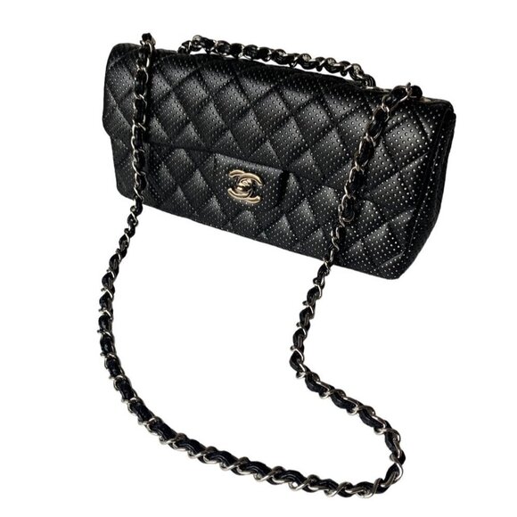 Chanel East West Classic Shoulder Flap Bag Black Quilted Perforated Leather - Picture 3 of 16